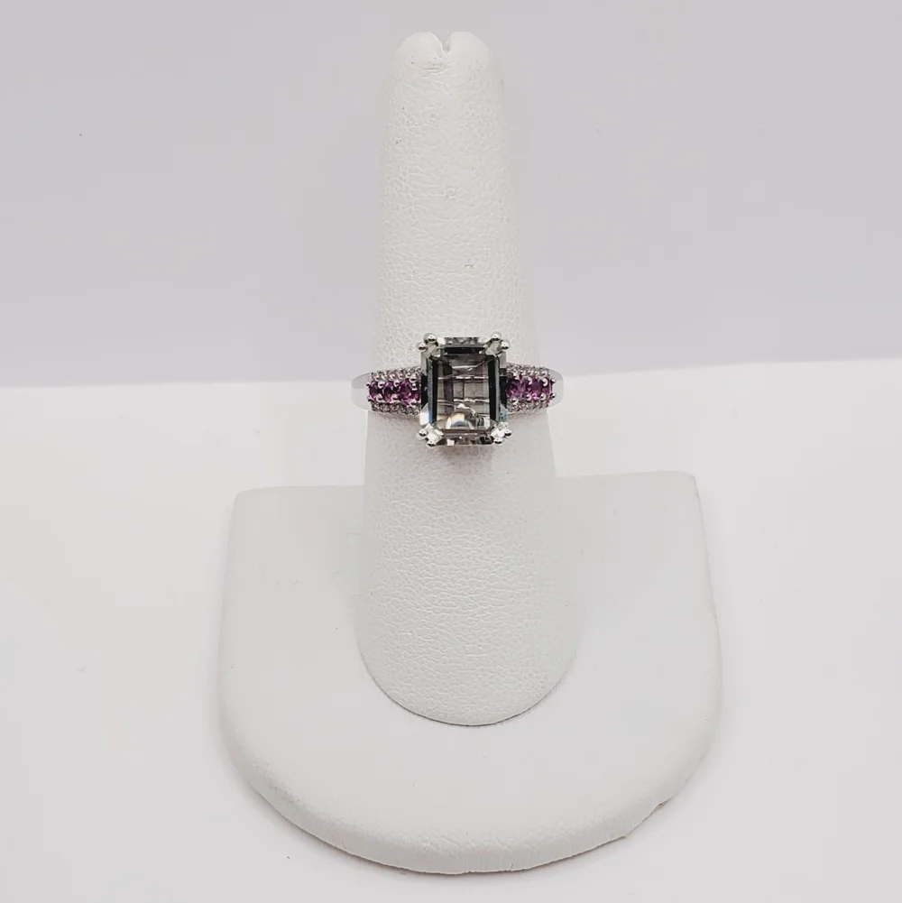 Emerald Cut Montezuma Prasiolite & Pink Tourmaline 925 Sterling Silver Ring